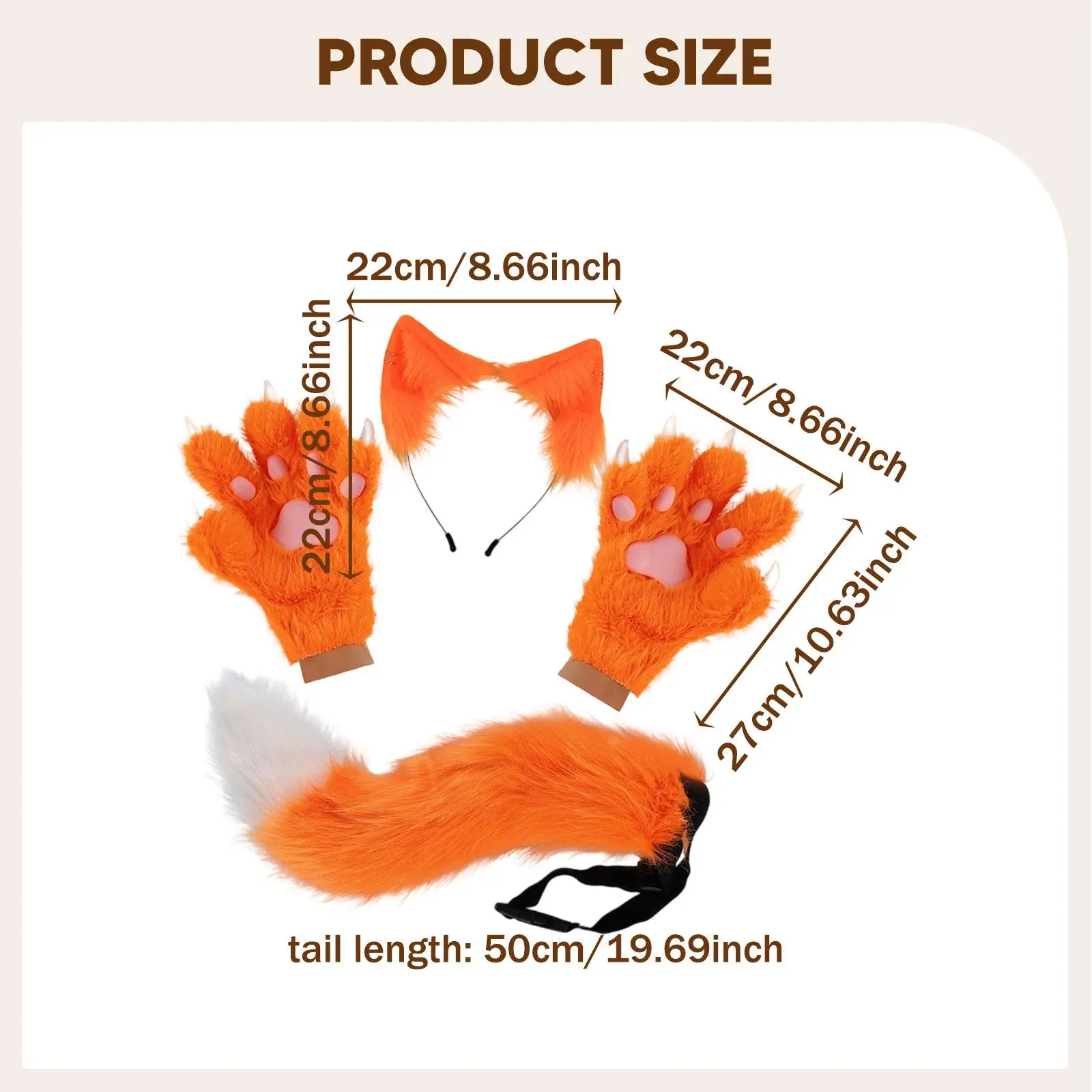 動物の耳カチューシャ ロングテールぬいぐるみコスチュームセット 手袋 ドレスアップアクセサリー 子供 大人 ハロウィン用