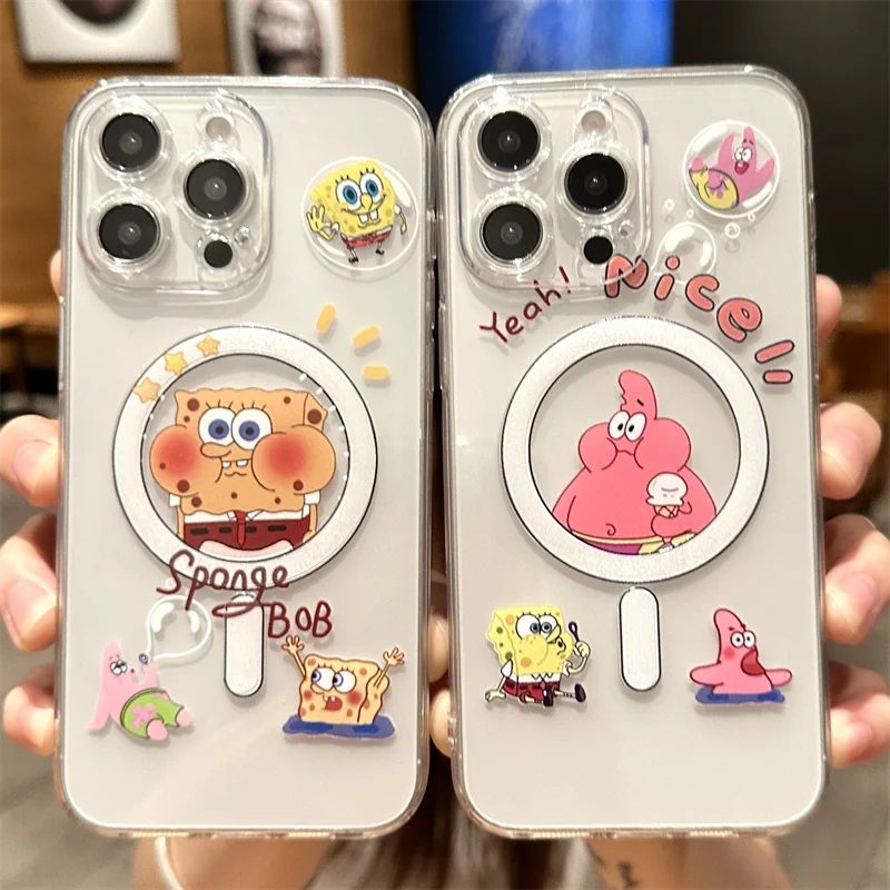 Cute Anime SpongeBobs TPU Case For iPhone 11 12 13 14 15 Pro Max Mini X XS XR 8 7 Plus SE 2020 Soft Clear Magsafe Magnetic Cover