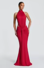 Backless Maxi Dress Halter High Neck Cutout Ruched Mermaid - Red