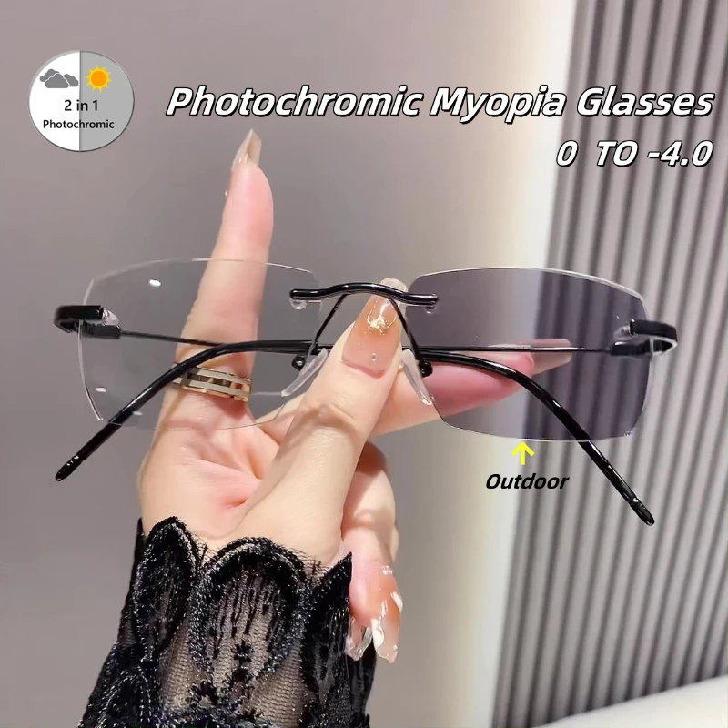 

Retro Diamond Cut Frameless Square Photochromic Myopia Glasses Anti Blue Light High-definition Glasses Diopter To -4.0