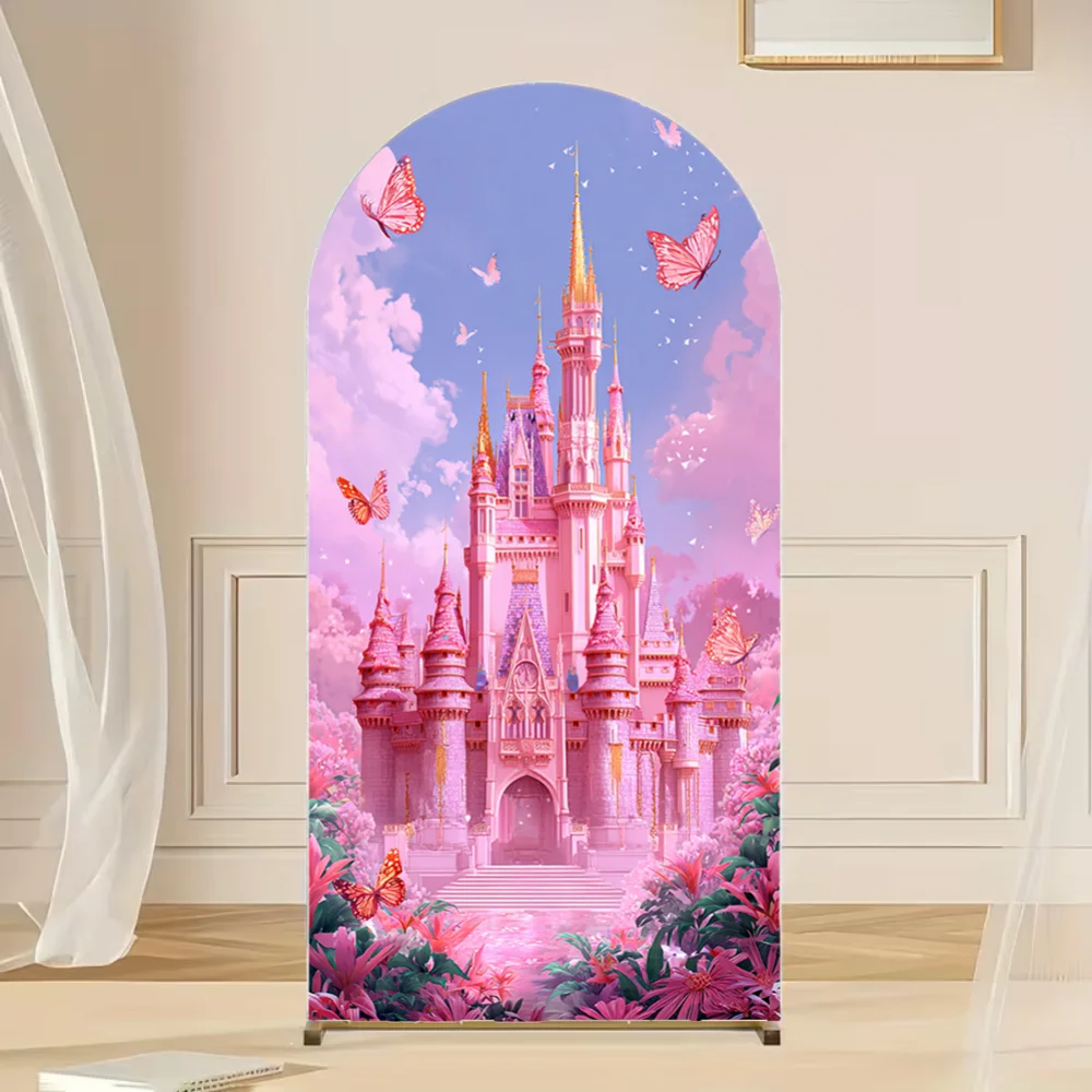 

Custom 2-Sided Fairy Tale Castle Princess Girls Birthday Party Baby Shower Cover Chiara Arch Background Decor Backdrop