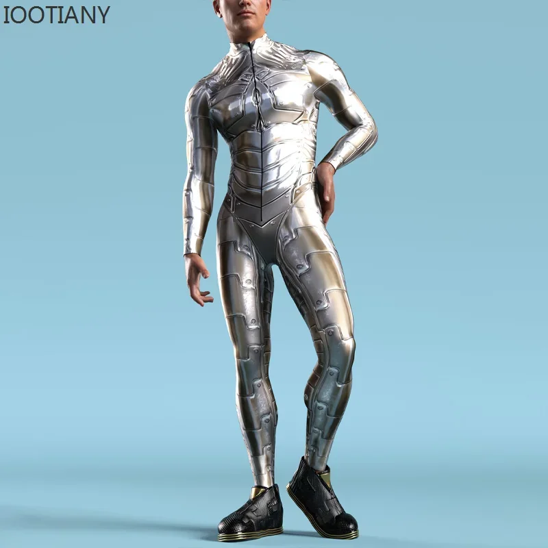 Silver Robot bodysuit 3D printing steampunk armor jumpsuit Zentai casual cycling clothing party cosplay costume carnival romper