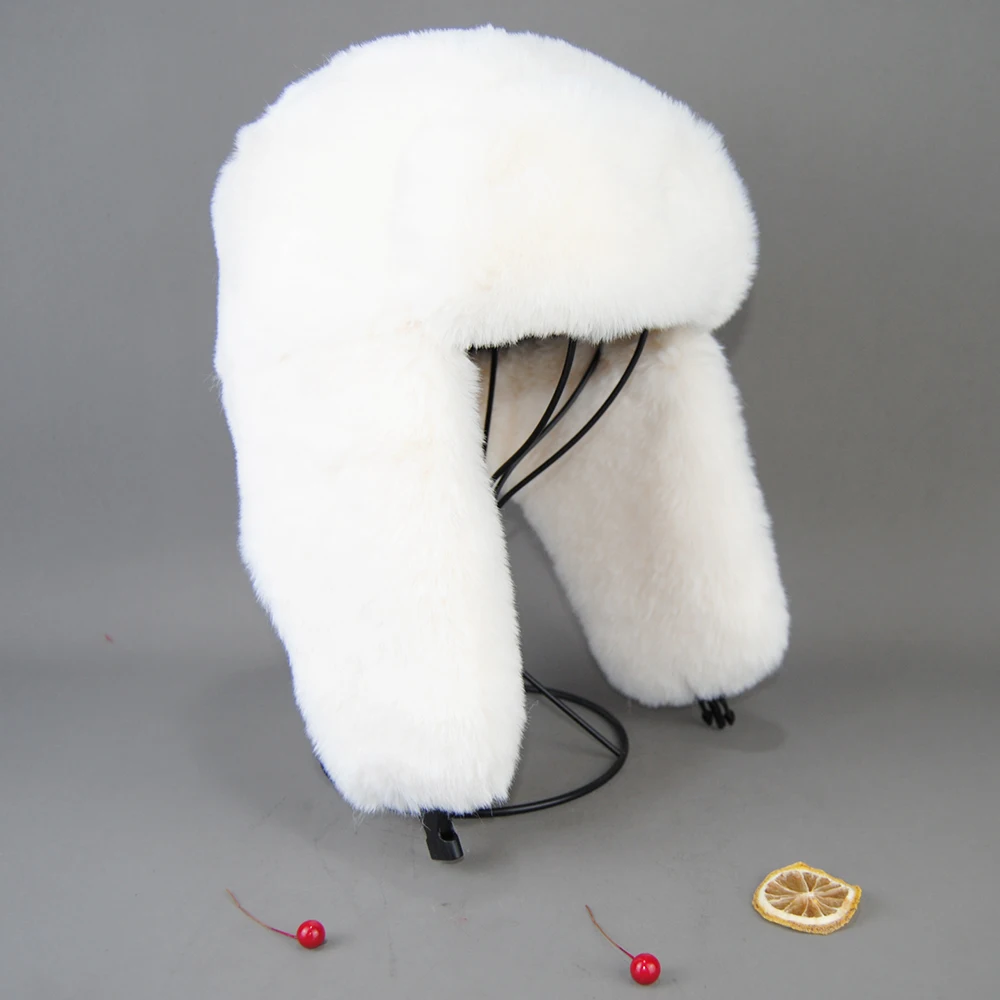 2024 Winter Russian Man Woman White Skin False Rex Rabbit Fur Hats Luxury False Rex Rabbit Fur Cap Unisex False Fur Bomber Hat