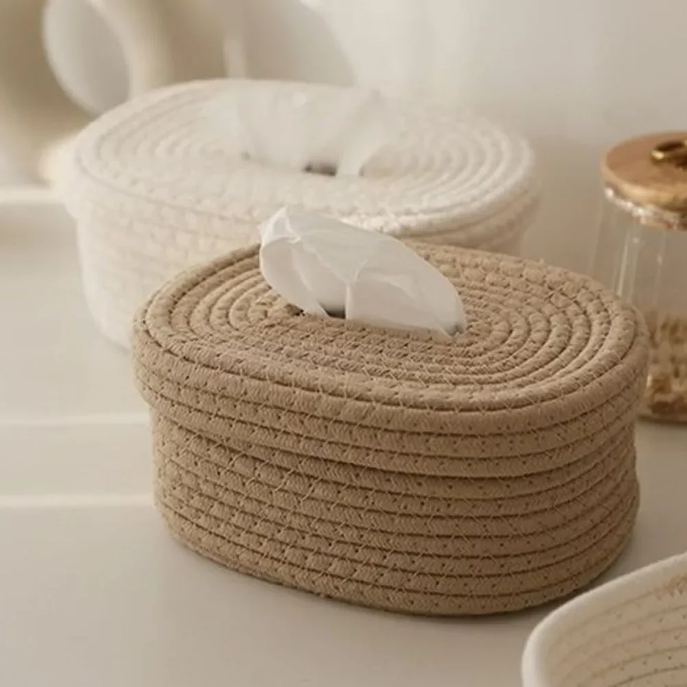 Caja de pañuelos de cuerda de algodón, caja de pañuelos tejida, caja de almacenamiento de escritorio, caja de papel de bombeo, decoración para el