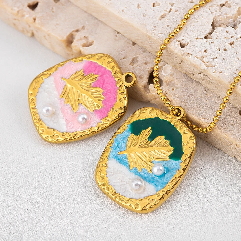 

2pcs Stainless Steel Pendants Gold Plated Leaf Enamel Natural Scenery Printed Feather Pattern Charm DY Necklace Jewelry Findings