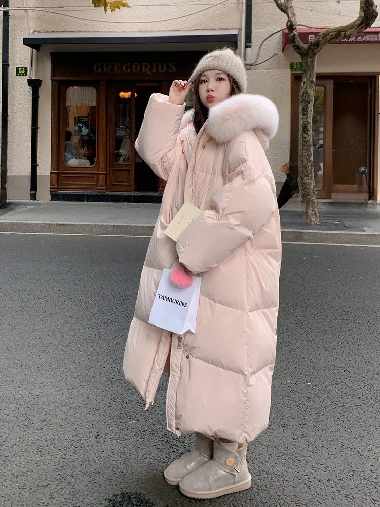 

Pink Long Thiened Cotton Jaet Women's Winter New Sle Knee-Length Coat with Large Fur Collar Korean Sle Loose Fit