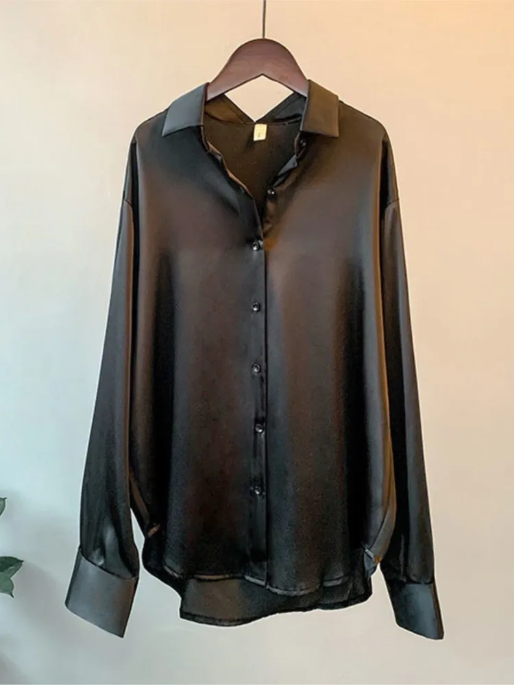Camicia casual ampia da donna Primavera Autunno Moda Tinta unita Colletto ribaltabile Top a maniche lunghe Camicette da ufficio con bottoni bianchi da donna