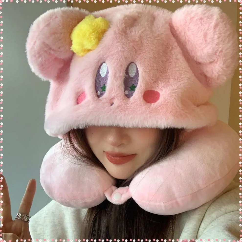 Miniso Kirby Plush Anime U-shaped Pillow with Cap Kuromi Snoopy Donald Duck Hooded U-shaped Pillow Travel Neck Pillow Gifts