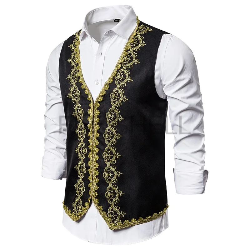2025, mittelalterliche, stilvolle Goldstickerei-Barockweste für Herren, schmale Passform, Palastprinz, schwarze Weste für Herren, Abschlussball, Drama, Oper, Kostüm, Gilet