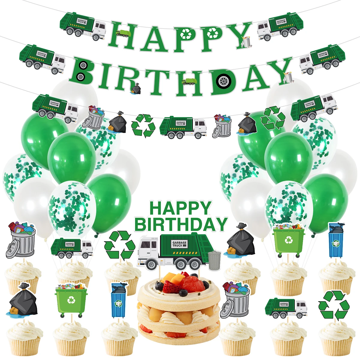 

JOYMEMO Green Garbage Truck Theme Happy Birthday Banner Cake Topper Balloon Set for Garbage Truck Birthday Party Decorations