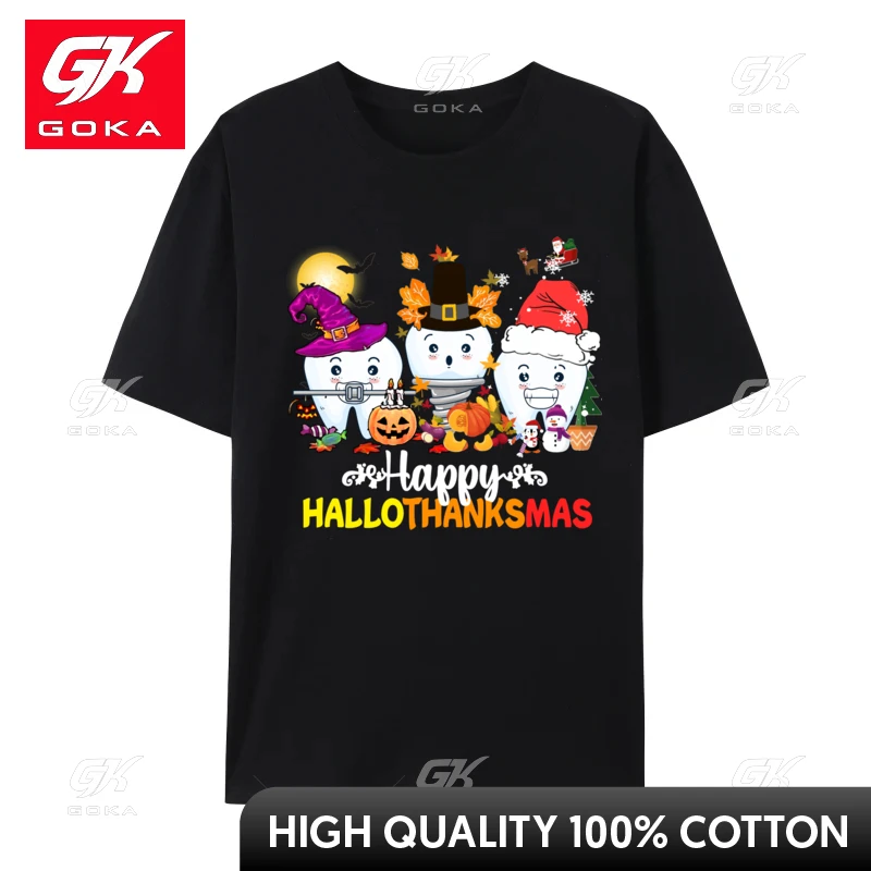 Dental Halloween Thanksgiving Christmas Happy Hallothanksmas T-Shirt Printed on Slim Fit Mens Tees Printed on Cotton