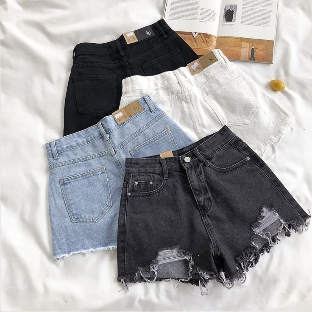 

High Waist Denim Shorts Casual Pocket Tassel Short Pants Wide Leg Hole Ripped jeans Summer