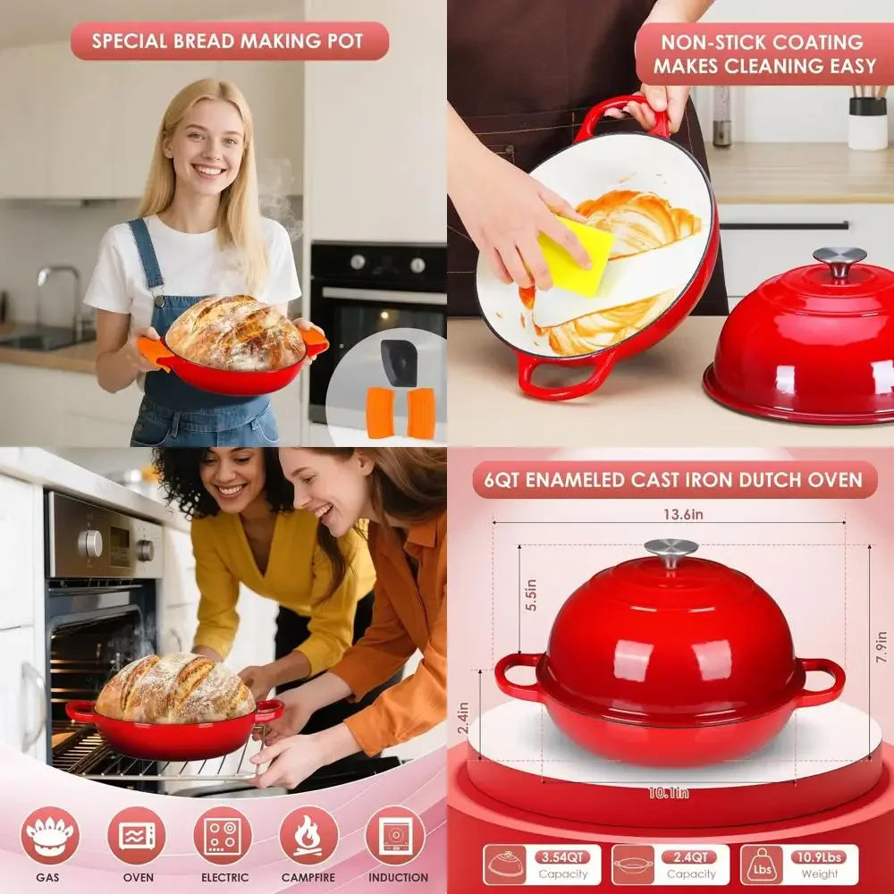 

Red Enamel Dutch Oven, 6qt Cast Iron Sourdough Bread Baker with Non-Stick Dome Lid, Silicone Handles & Scraper