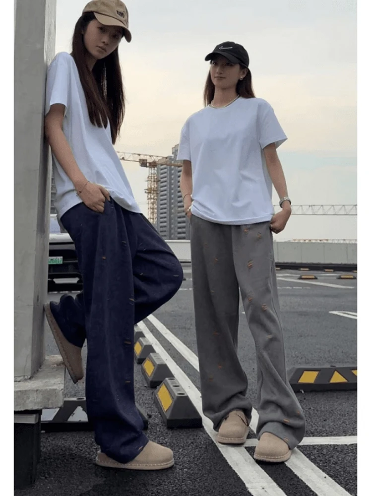 

Американские повседневные свободные прямые брюки, мужские ранние осенние цвета, дизайн с отверстиями, удобные тяжелые спортивные штаны