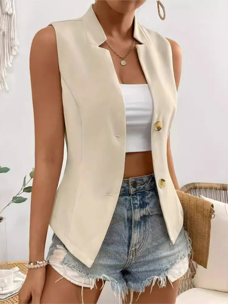 

Women's Summer Solid Color Sleeveless Suit Vest Coat Top Fashion Temperament Lady Commuting Slim V-neck Buttons Waistcoat New