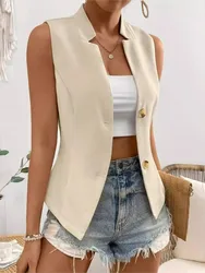 Women's Summer Solid Color Sleeveless Suit Vest Coat Top Fashion Temperament Lady Commuting Slim V-neck Buttons Waistcoat New