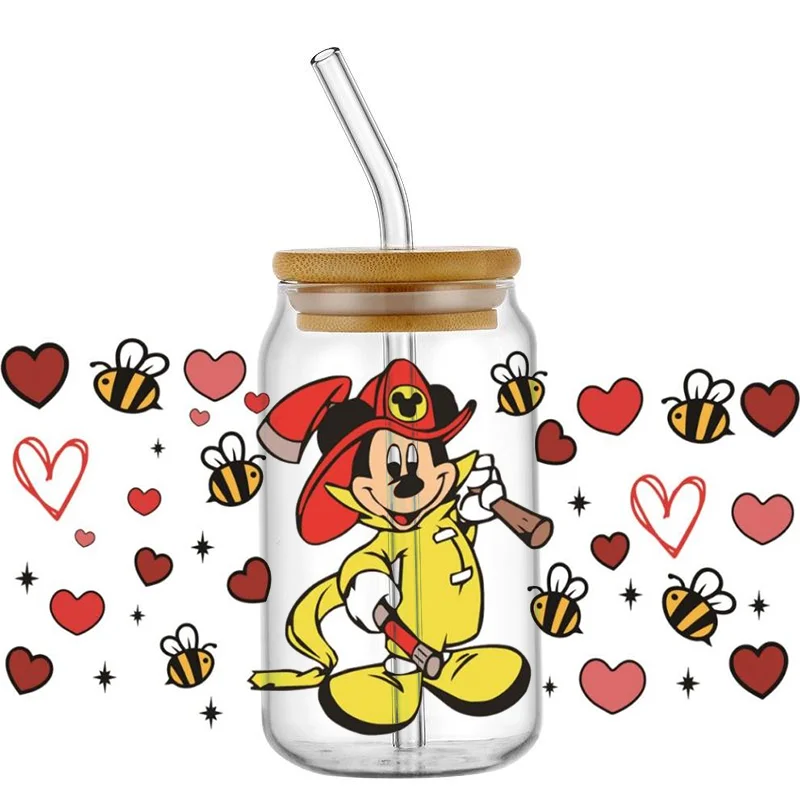 MINISO Mickey Minnie Cartoon Princess Winnie Little Bear Stitch High-Quality Wraps 16oz Glass Cup UV DTF Wrap Transfer Decals