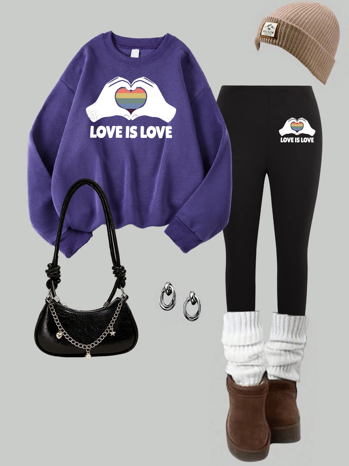 愛はあなたと一緒ですプリント入り女性用プルオーバーセットソフトヒップホップスウェットシャツ伸縮性のある厚手のレギンス秋用フリースパンツセット