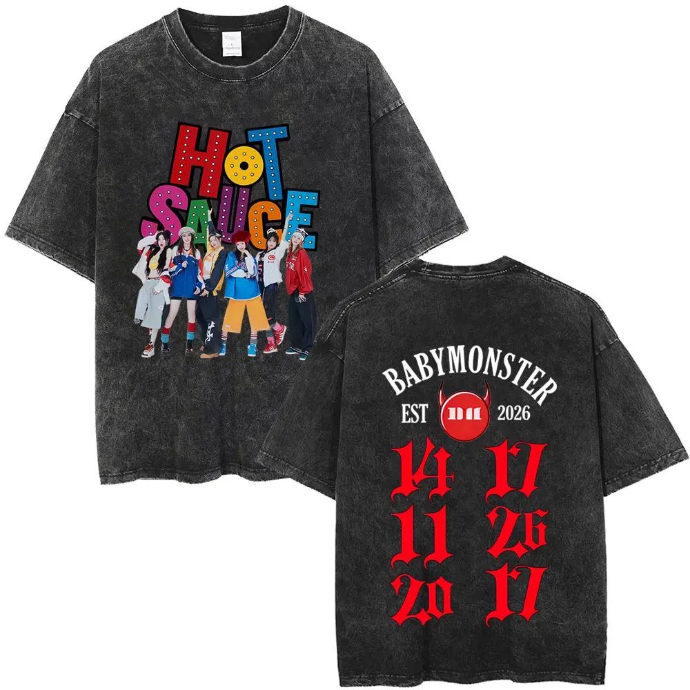 

Washed Vintage Babymonster Ahyeon Asa Rami Rora Ruka Pharita Chiquita 2026 Merch T-shirt Men Women Fashion Oversized T Shirts