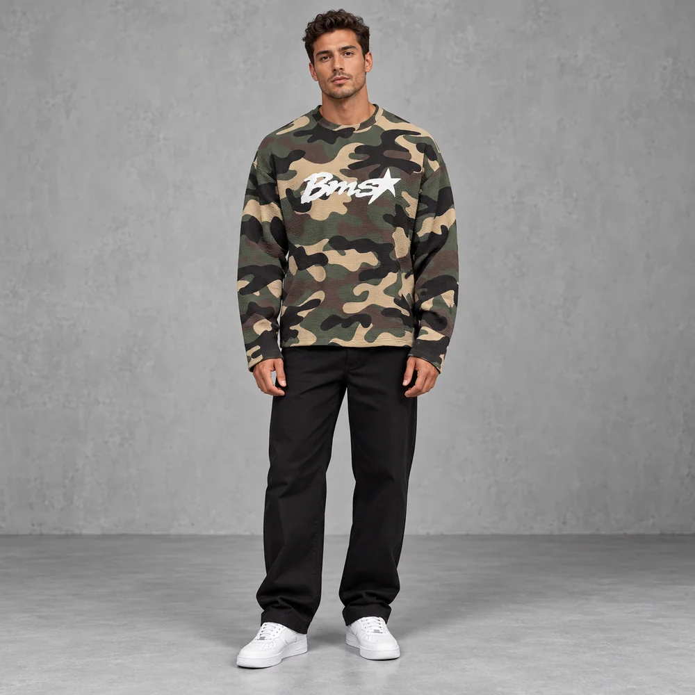 Unisex Camouflage Crew Neck Long Sleeve Top Relaxed Fit Streetwear T-Shirt