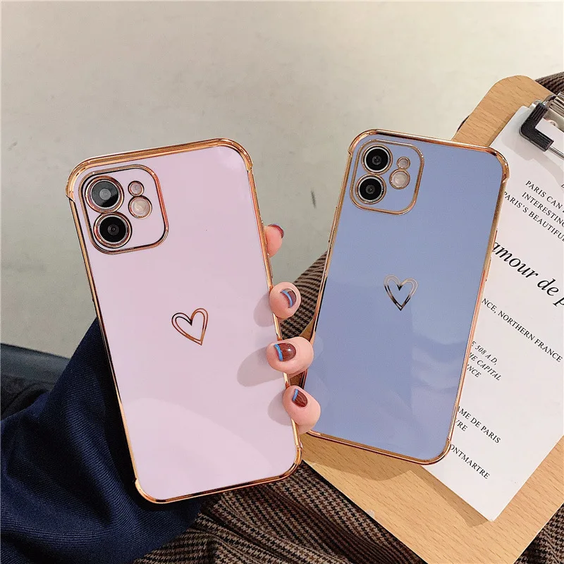 50PCS Luxury Plating Love Heart Protective Case for iPhone 15, 14 Pro Max, 7, 8 Plus, Electroplate Cover, Anti-fall, 6 Colors