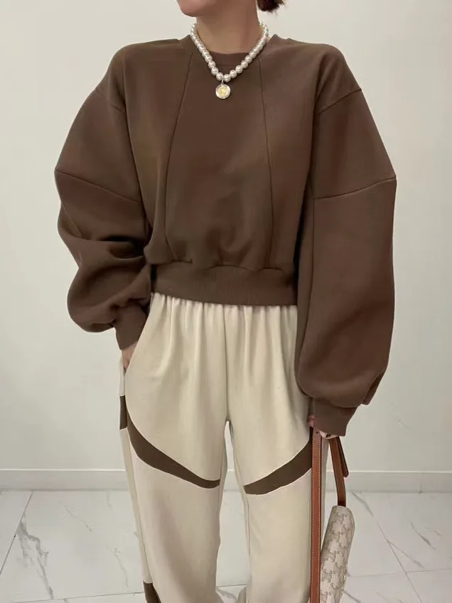 

Chic Oversized Fce Sweatirt Jaet Women's round Ne Long Sve Thi Warm Simple Splicing Autumn Winter Faion Top