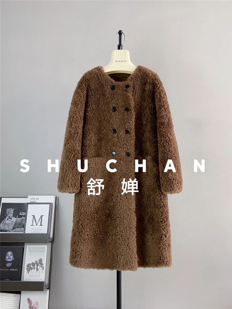 معطف صوف 100% للسيدات جديد دافئ فضفاض للخريف والشتاء جديد من فرو الضأن الفرنسي الخالص برقبة دائرية طويلة متكاملة