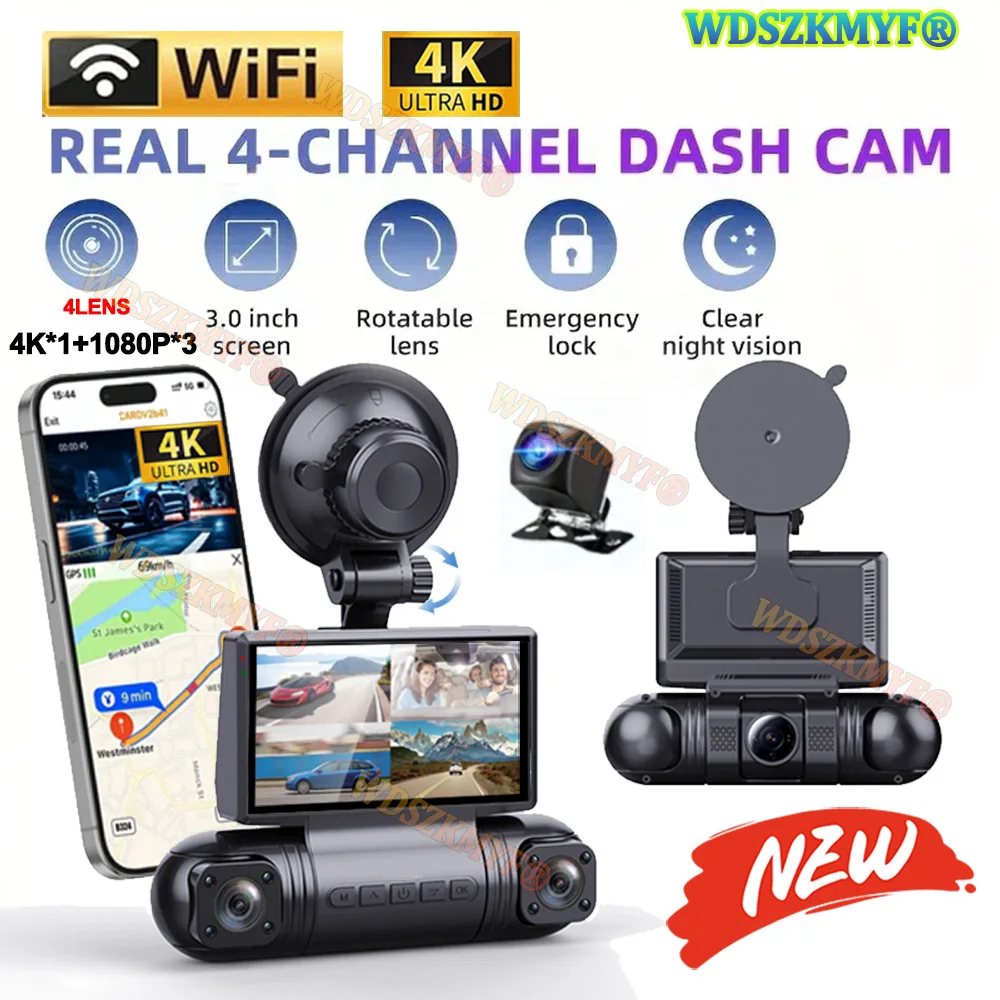 

4K Car DVR WIFI APP Control 4Channels Video Recorder 360 Degrees Dash Cam Night Vision 24H Hardware Kit Rear View camera car