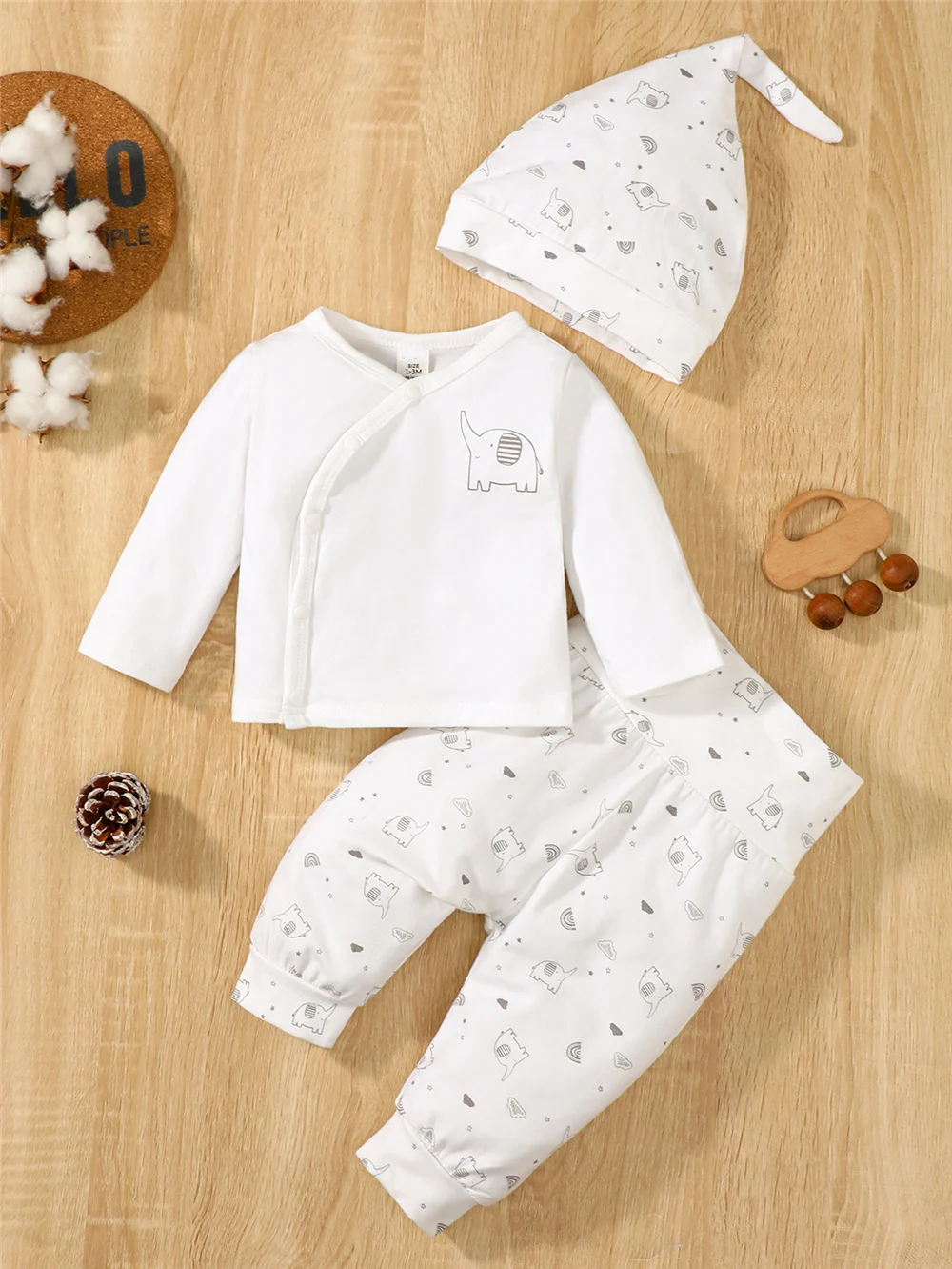 3PCS Newborn Baby Boy&Girl Daily Clothes Set Elephant Long Sleeve Top+Pant+Hat Spring and Autumn Outfits for Infant 0-9 Months