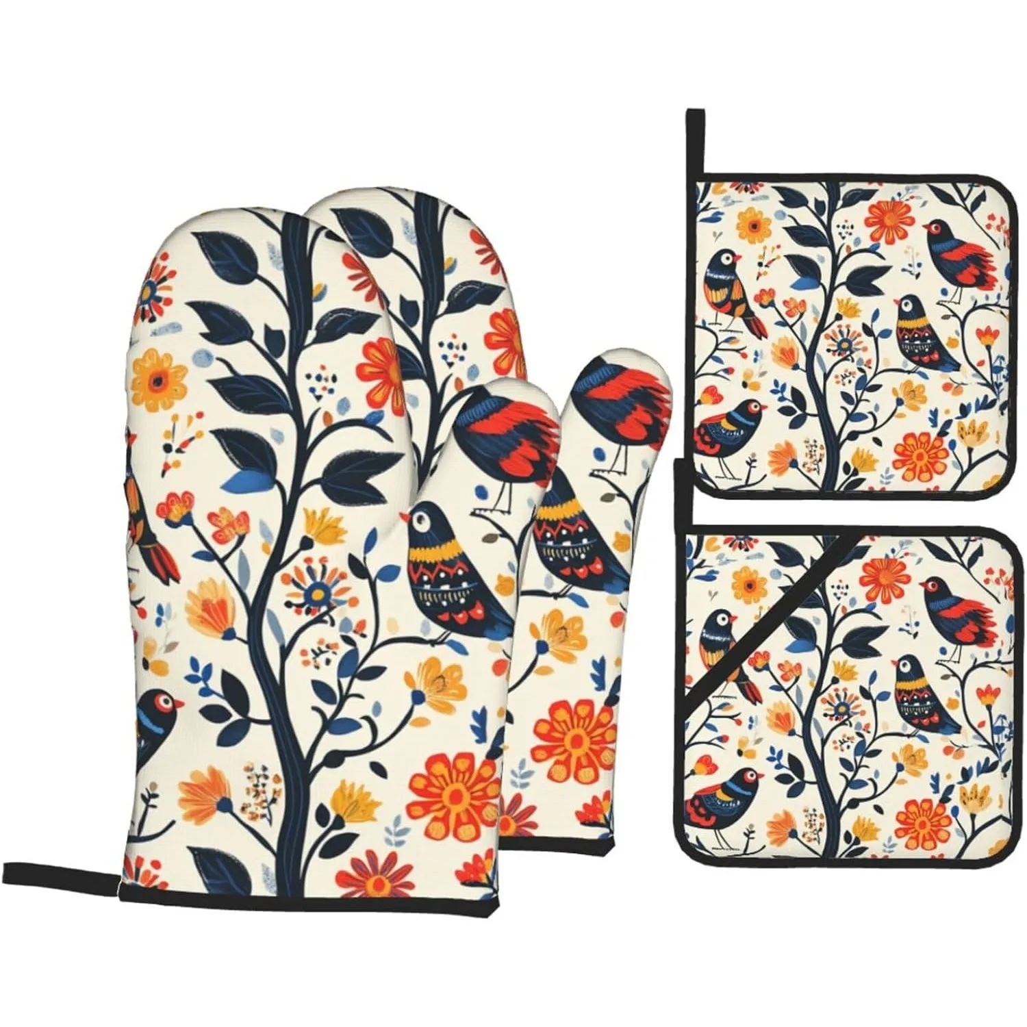 

Прихватки для духовки, художественные термостойкие силиконовые прихватки в народном стиле с птицами, набор из 4 перчаток для духовки для приготовления барбекю