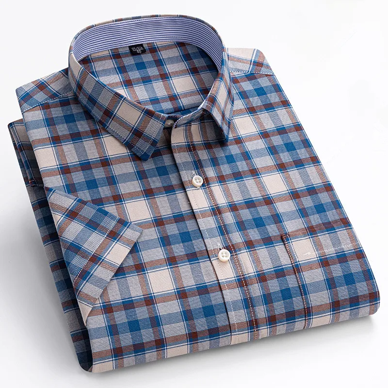Gestreifte Hemden aus 100 % Baumwolle für Herren, Sommer, kurzärmelig, Oxford-Plaid, lässige Mode, hochwertige, weiche Slim-Fit-Komfort-Büro-Tops