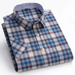 100% Cotton Stripe Shirts For Men Summer Short Sleeve Oxford Plaid Casual Fashion High Quality Soft Slim Fit Comfort Office Tops
