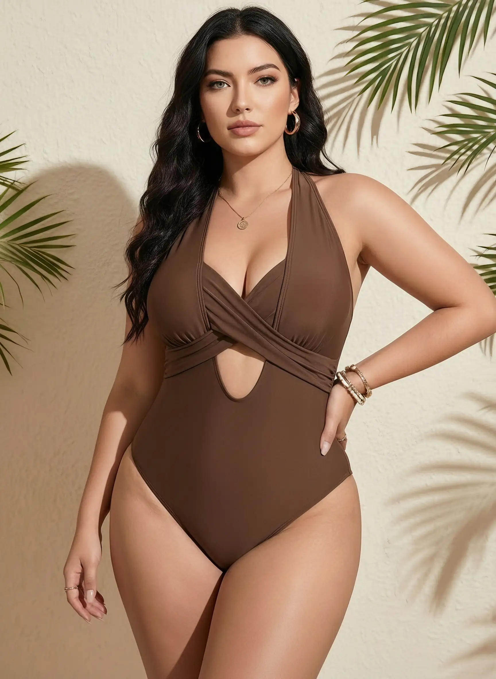 

2026 New Plus-Size Solid Color Halter One-Piece Swimsuit | Tummy Control Slimming Bathing Suit for Women