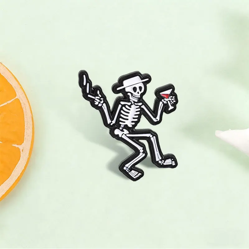 Creative Dancing Skeleton Brooch with Hat Skeleton Cocktail Glass Funny Metal Pin Leisure Party Badge DIY Clothes Bags Accessory