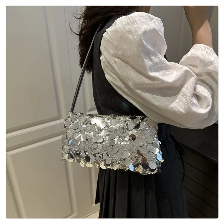 Neue Pailletten-Abendtasche, Schultertasche für Damen, leicht, tragbar, Damen-Umhängetasche mit Riemen, einfarbig, modische Handtasche für Frauen. – Detail 12