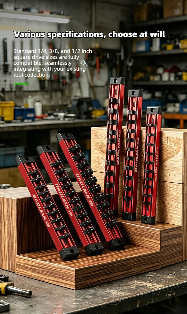 1/2" 3/8" 1/4" Steckschlüssel-Organizer-Rack, PVC-Gleitschiene mit Anti-Rutsch-Stahlkugelklammern, Modulare Kombi-Ablage, Garagen-Essentials – Detail 12
