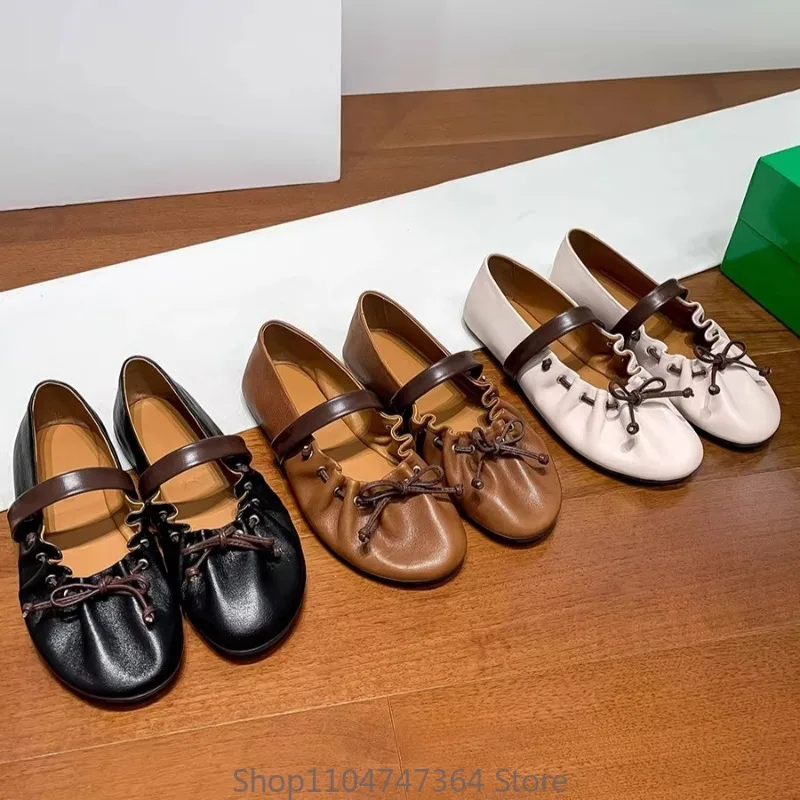 

New French Bow Pleated Mary Jane Women's Spring Flat Bottom Shallow Mouth Genuine Leather Fashion Dress Leather Shoe Female