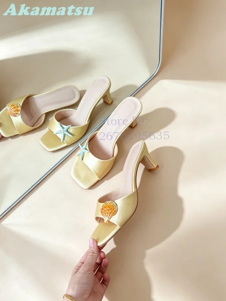 Seashell Crystal Heels Slippers Satin Square Toe  Starfish Rhinestone Slide Sandals French Style 2026 Summer Beach Women Shoes