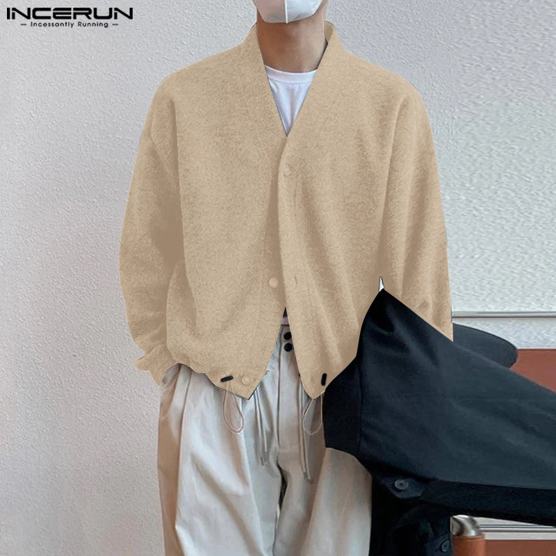 INCERUN Men Cardigan Solid Color V Neck Long Sleeve Button Casual Male Sweater Streetwear Knitted 2025 Fashion Sweater Coats Men