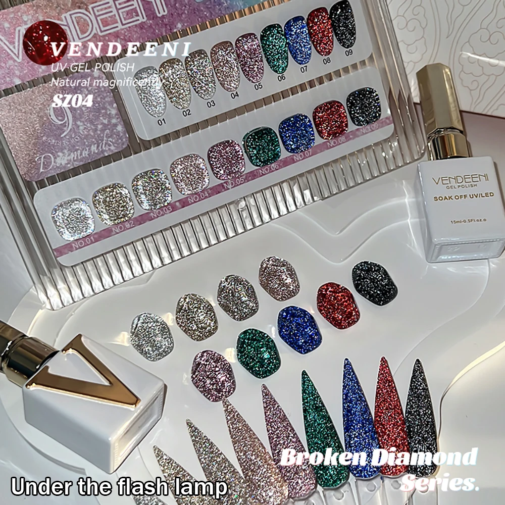 Vendeeni 9 Farben/Set Glitzer-Broken-Diamond-Gel-Nagellack TPO FREE Schwarz Gold Silber Flash UV LED Gel-Lack mit Display – Detail 10