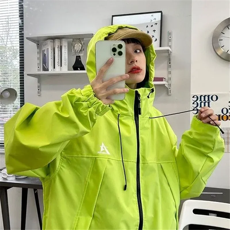 Spring Autumn Hooded Jackets Women 2024New Fashion Loose Leisure Pure Colour Fluorescent Green Pocket Drawstring Overcoat Female