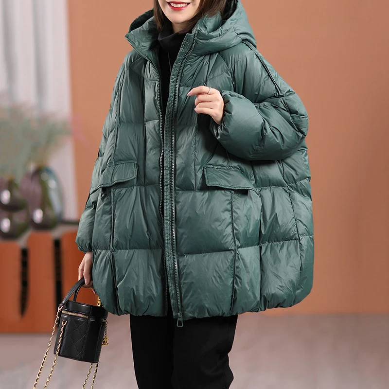 2023 New Women White Duck Down Jacket with Hood Autumn Winter Warm Outwear Casual Loose Over Size Outwear Thick Coat Jackets