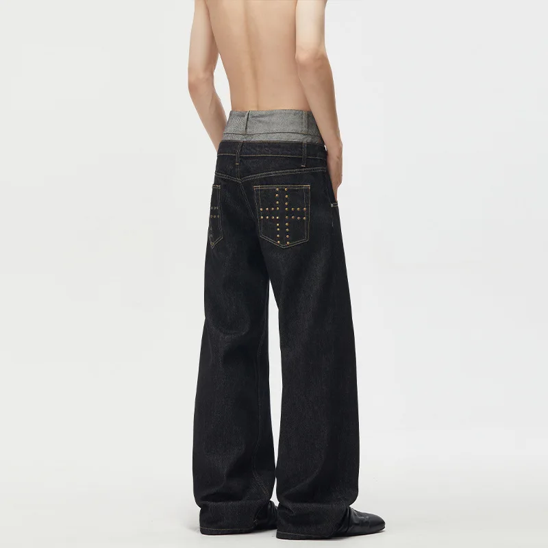 MWJLPWQ Double-Waisted Color-Blocked Jeans For Men High Street Fashion Design Rivet Pockets Unique Loose Denim Pant Street 21179