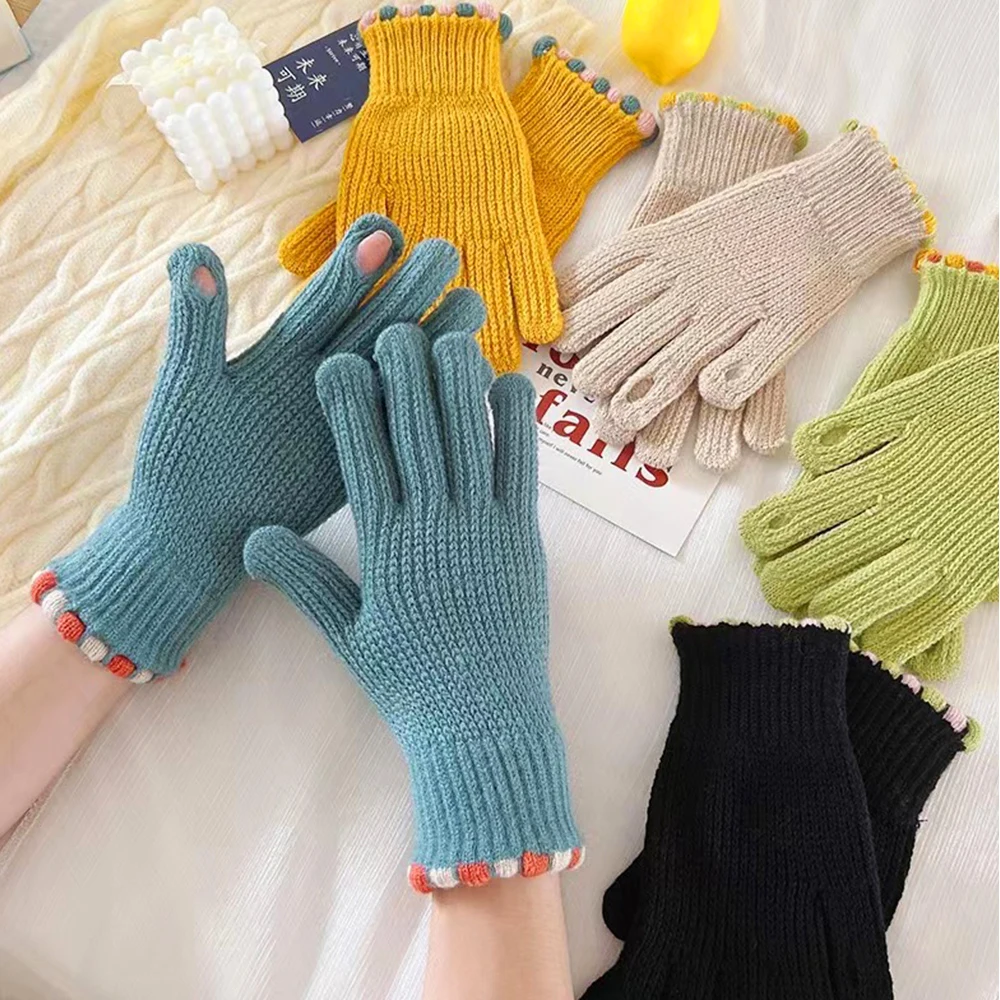 

Knitted Gloves Full Finger Gloves Touchscreen Riding Mittens Solid Color Students Warm Winter Women Fleece-lined Cute 1pair