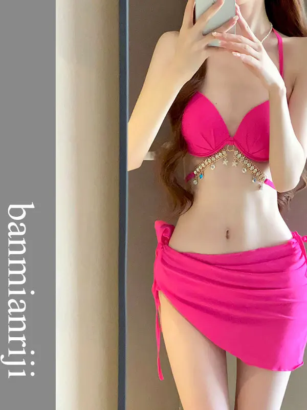 

Сексуальный раздельный купальник-бикини для женщин, розовый, со стразами, с эффектом пуш-ап для небольшой груди, скрывающий живот, для горячих источников, Vaion S...