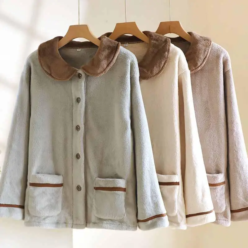 Women Flannel Thick Homewear Tops Sleepwear Color Blocking Warm Lapel Loungewear Pajamas Thicken Coral Fleece Comfy Nightwear