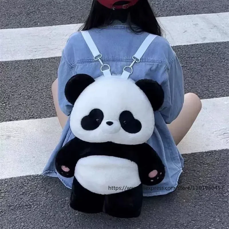 Cartoon Cute Panda Shape Backpack Nylon Plush Material 2 Sizes Available Removable Shoulder Strap Bag Fashion Women's Makeup Bag