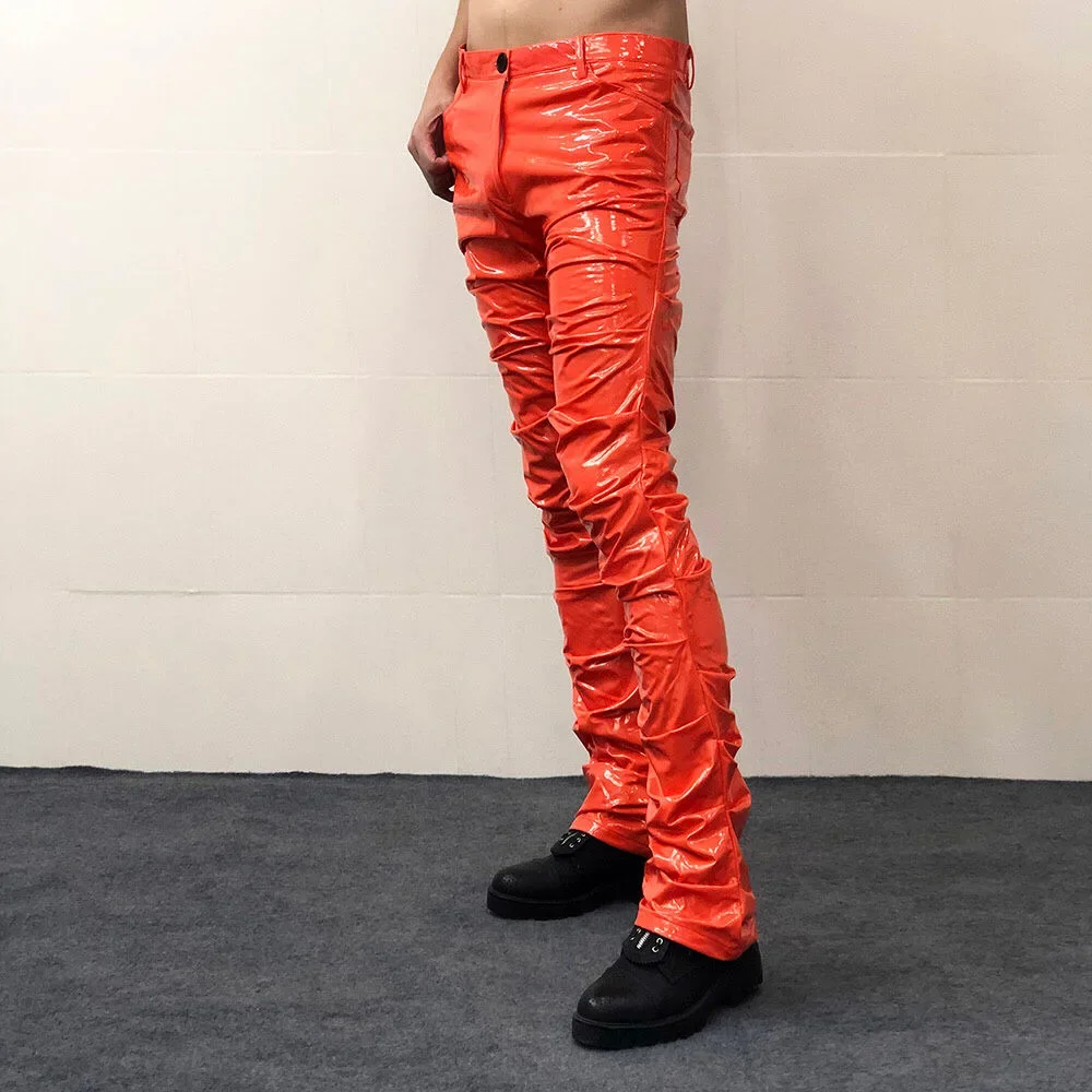 Men's Shiny Faux Leather Low Waist Pleated Pencil Pants Male Glossy Solid Color PU Slim Trousers With Pockets New Chic Custom