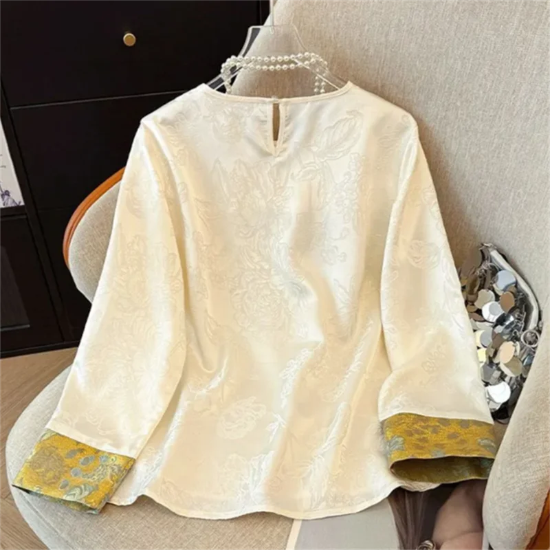 Blusa china para mujer, Top de Jacquard con cuello redondo, camisa Retro para mujer, jersey holgado de té inspirado en Zen, blusa empalmada