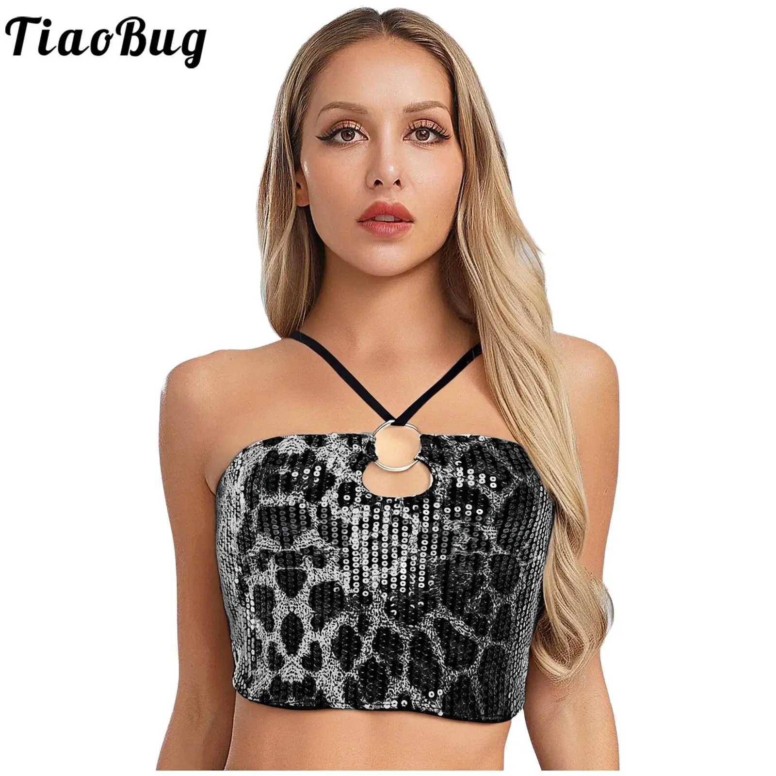 

Women Leopard Printed Sequin Crop Tops Shiny Lace-up Halter O-ring Hollow Out Crop Vest Tank Tops Fashion Top for Club Party